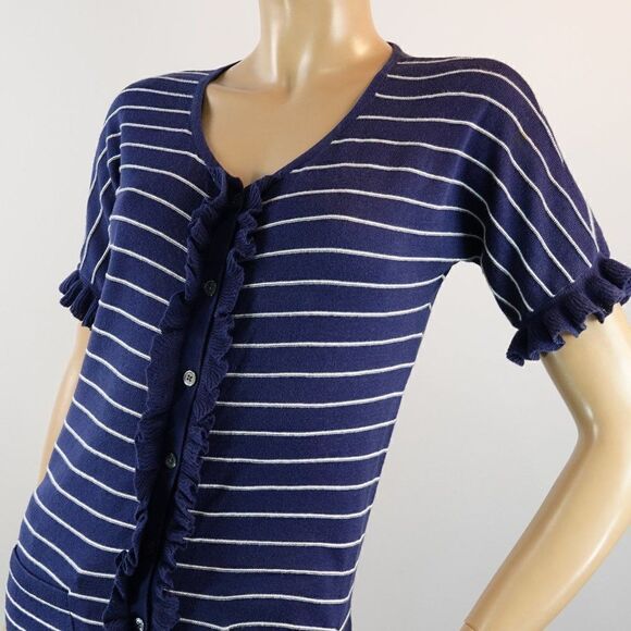 Gap Knit Top Navy Blue White Pinstripe Button Front Short Sleeve Tunic Womens M - Picture 1 of 10